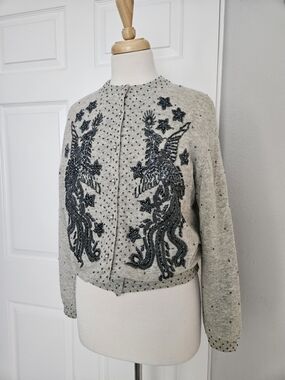Vintage 1950s Gray Knit Sweater with Gunmetal Beaded Phoenix and Stars